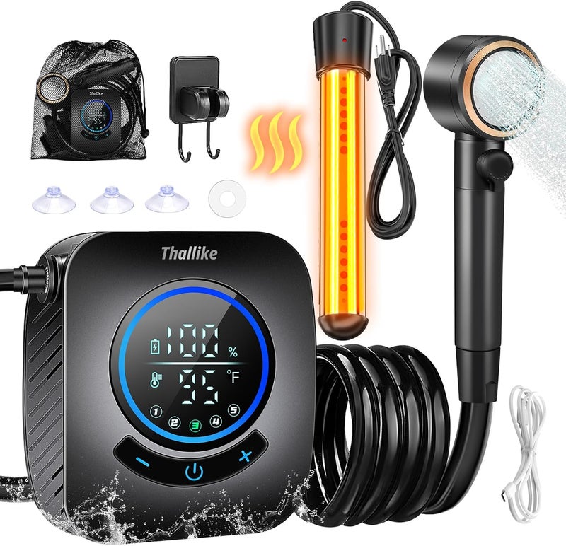 Thallike Upgraded Portable Shower with Heater, 1500W Immersion Heated, 8000mAh Rechargeable Camping Shower Pump with LED Display, IPX8 Waterproof Lightweight Outdoor Shower Pump Kit for Hiking - Image 1